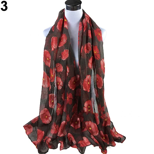 Women\'s Fashion Sexy Poppy Flowers Print Chiffon Comfortable Shawl Long Scarf