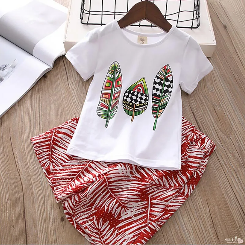 Summer Girls Clothes Sets Teenager Girl Short Sleeve Shirt Top+Shorts Suits Kids Clothing Printed Children\'s Clothes 2pcs 4-14T