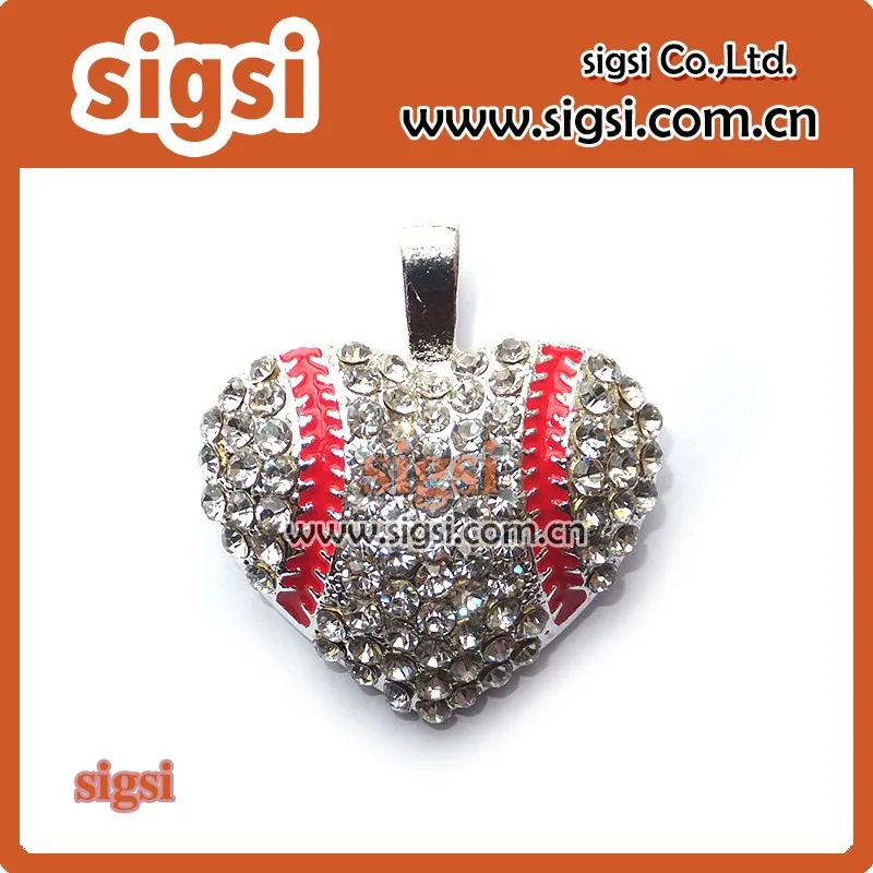 High Quality Silver Plated Rhineston Crystal Heart Shape Baseball Rhinestone Sport Pendants