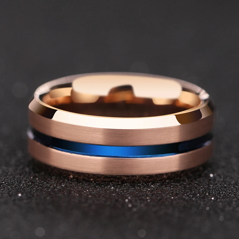 8mm Rose Gold Tungsten Carbide Wedding Rings Groove Blue Brushed Finishing for Man Size 7-12