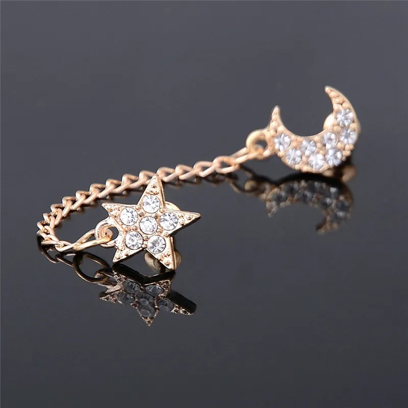 Vintage Two Piercing One Side Golden Chain Crystal Rhinestone Moon Star Ear Cuff For Double Hole Earring Jewelry