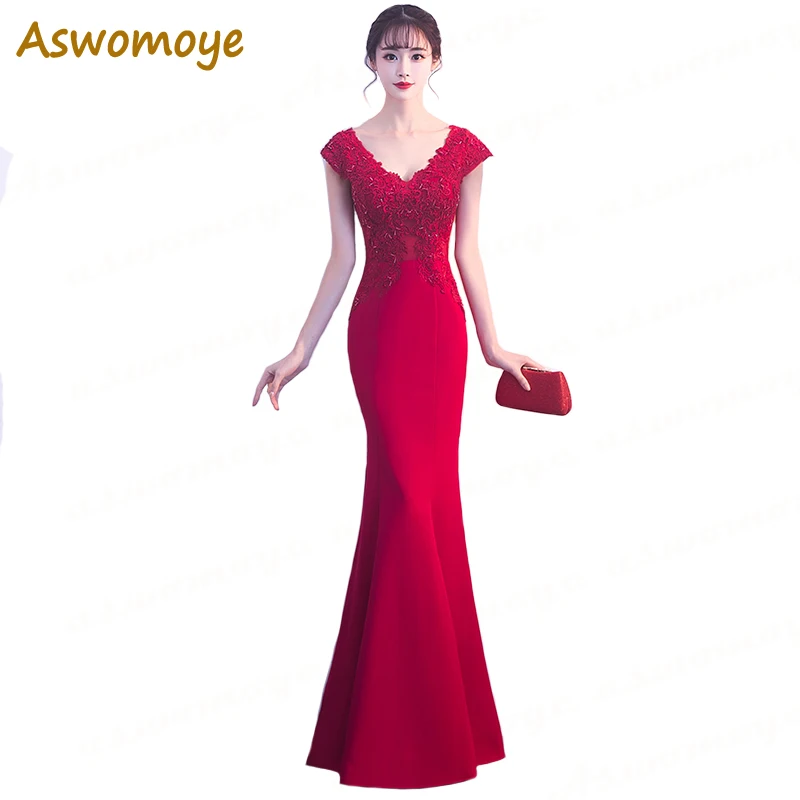 Robe De Soiree Elegant Mermaid Long Evening Dress Satin Beading V-neck Appliques Party Formal Dresses 2018 Haute Couture