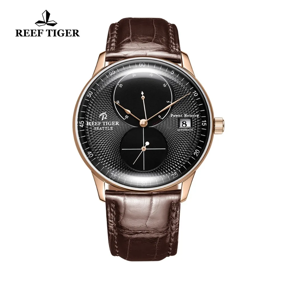 Reef Tiger RGA82B0 Men Luxury Fashion Business Ultra Thin Dual Windows Dial Automatic Self-Wind Mechanical Wrist Watch Rose Gold