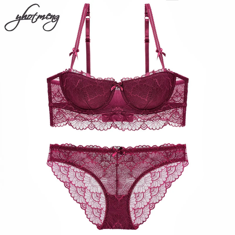 

Yhotmeng Lace half cup of bra sexy lingerie set high-quality women push up bra young lady sexy thin cotton women underwear