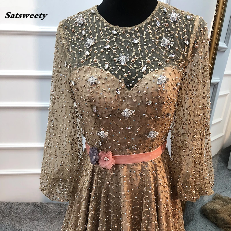 Brautjungfer Kleider 2022 Arabischen Kleid Luxus Diamant Perlen Sparkle Prom Kleider Lange Ärmel Mode Sexy Party Kleider