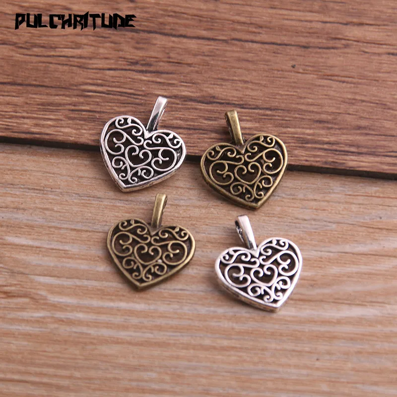 30PCS 15*18mm Three Color Vintage Metal Zinc Alloy Hollow Love Heart Charms Fit Jewelry Pendant Charms Makings