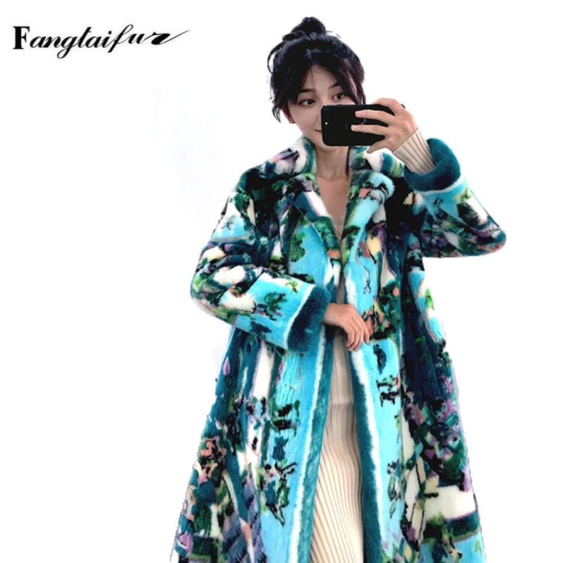 Ftangaiur Winter Jacket  Import Velvet Mink Fur Coat Turn-Down Collar Print Causal Mink Coats Women's X-Long Real Mink Fur Coats