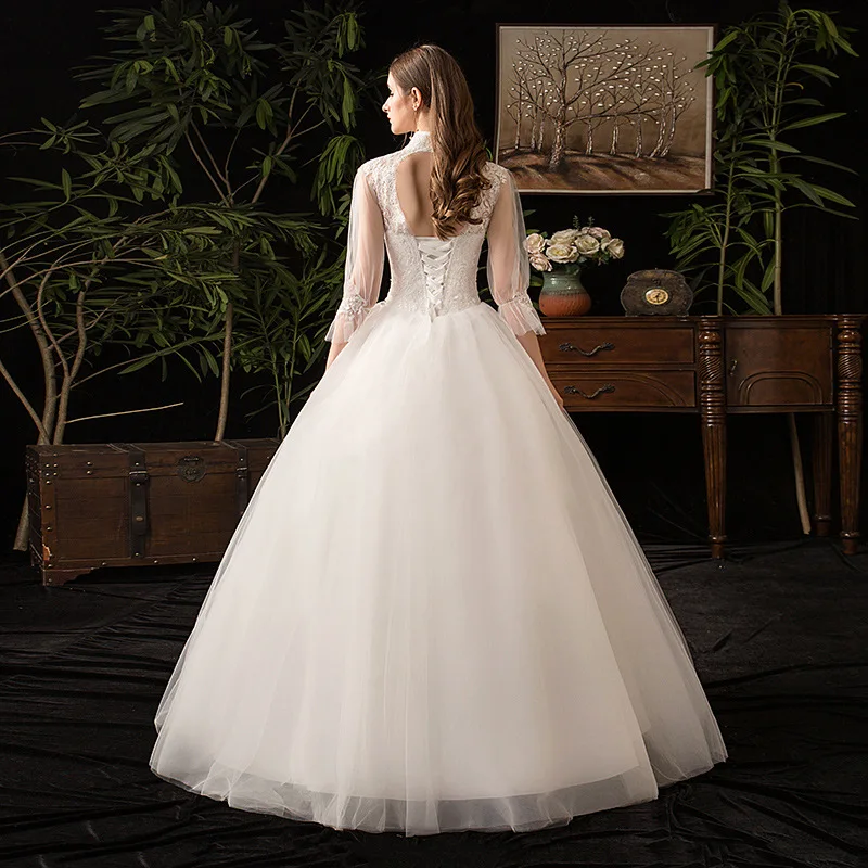 2023 New High Neck Three Quarter Sleeve Wedding Dress Sexy Illusion Lace Applique Plus Size Vintage Bridal Gown Robe De Mariee L