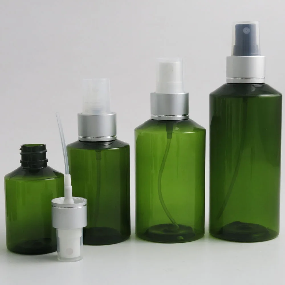 Refillable Empty Shoulder slope Amber Green PET Plastic Bottle With Mist Sprayer  100ml 150ml 200ml 30pcs