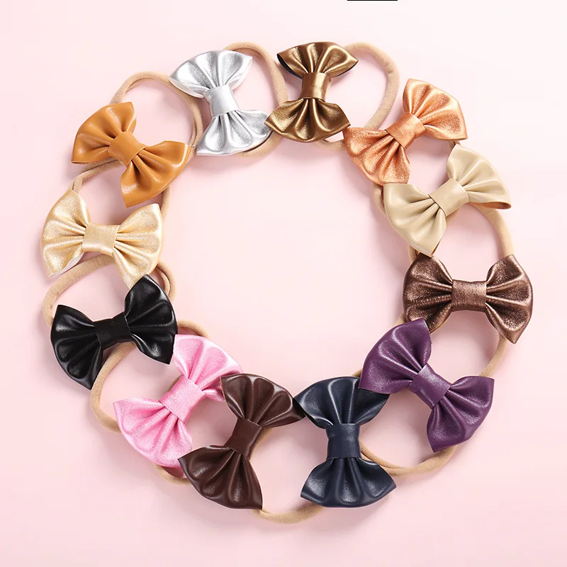 

4pcs Cute Children Headband Artificial Leather Spring Bow Butterfly Headbands For Girls Candy Color Soft Nylon Hair accessories