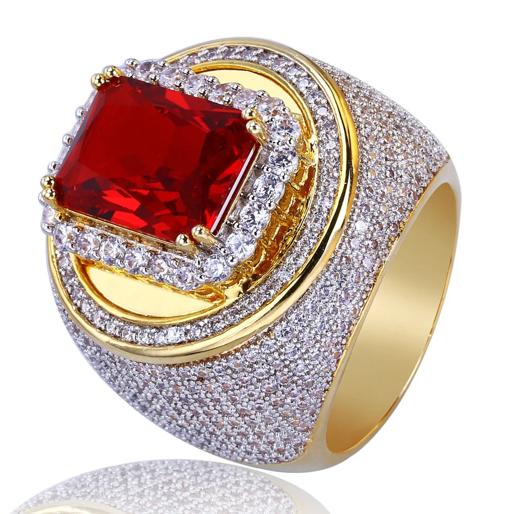Luxury Hiphop male ring Silver Color 3ct Red AAAAA Zircon cz Rock Wedding Band Rings for men Finger Party Jewelry