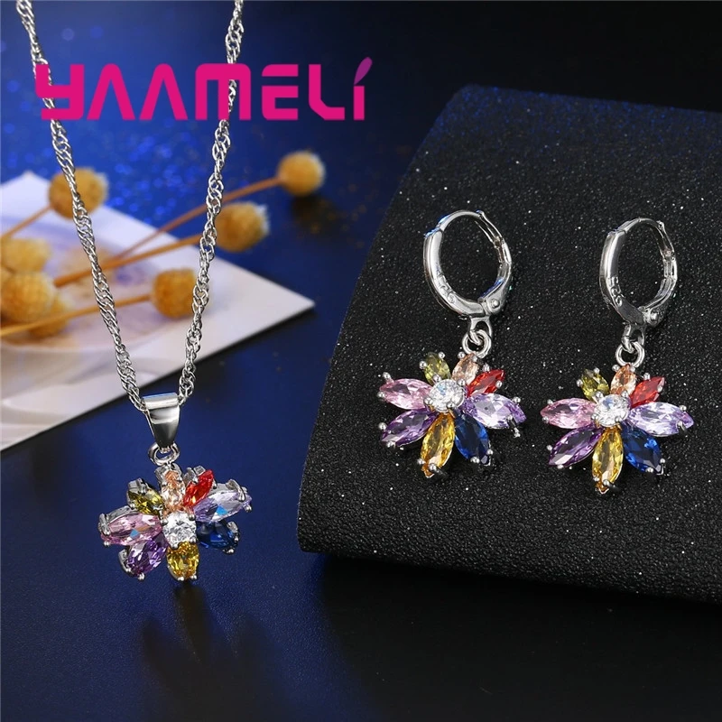 925 Sterling Silver Necklace Earrings Set Luxury Noble Style Colorful Flower Shape Valentine\'s Day Gift For Women