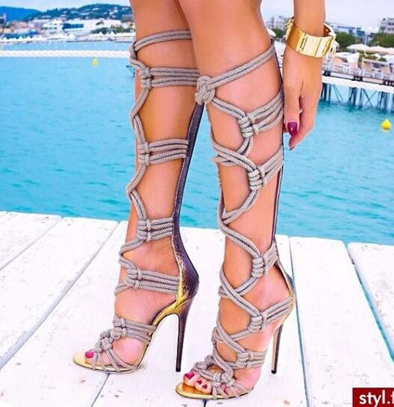 Western Style Women Fashion Open Toe Rope Design Knee High Gladiator Boots Stiletto Heel Long Cut-out Sandal Boots