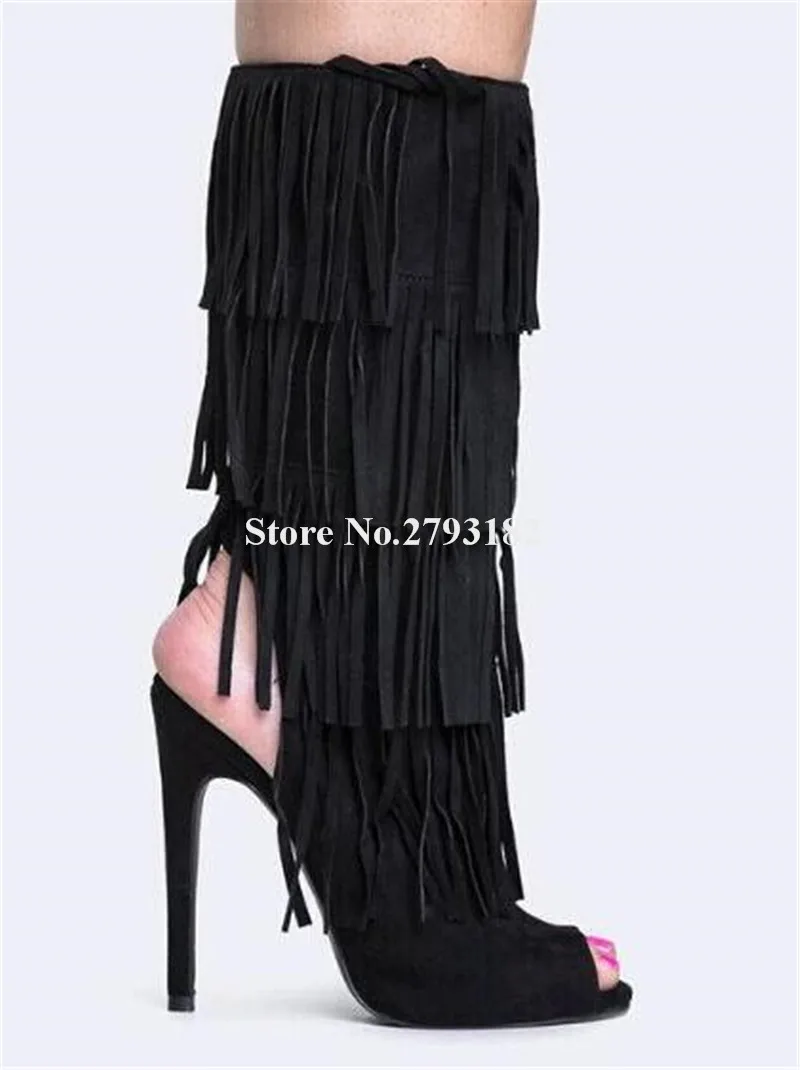 

Brand Design Women Fashion Open Toe Black Suede Tassels Mid-calf Gladiator Boots Cut-out High Heel Fringed Boots