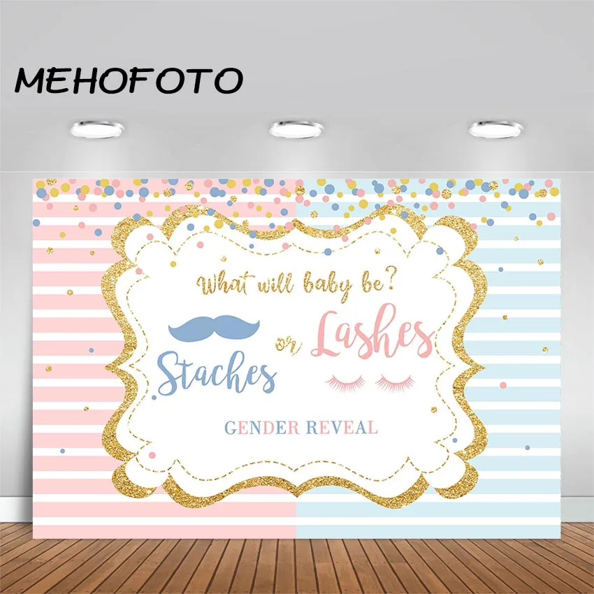 Staches or Lashes Gender Reveal Photography Backdrop Pink or Blue Mustaches or Lashes Gold Glitter Party Background