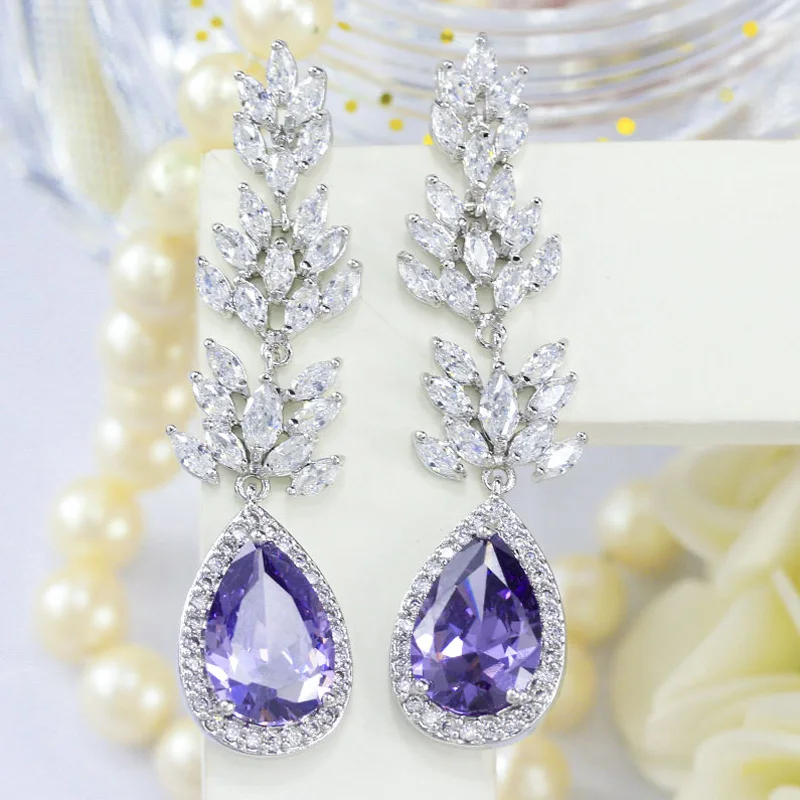 Pera Romantic Purple CZ Crystal Round Long Big Dangle Waterdrop Flower Leaf Heart Drop Earrings Wedding Jewelry for Brides E405