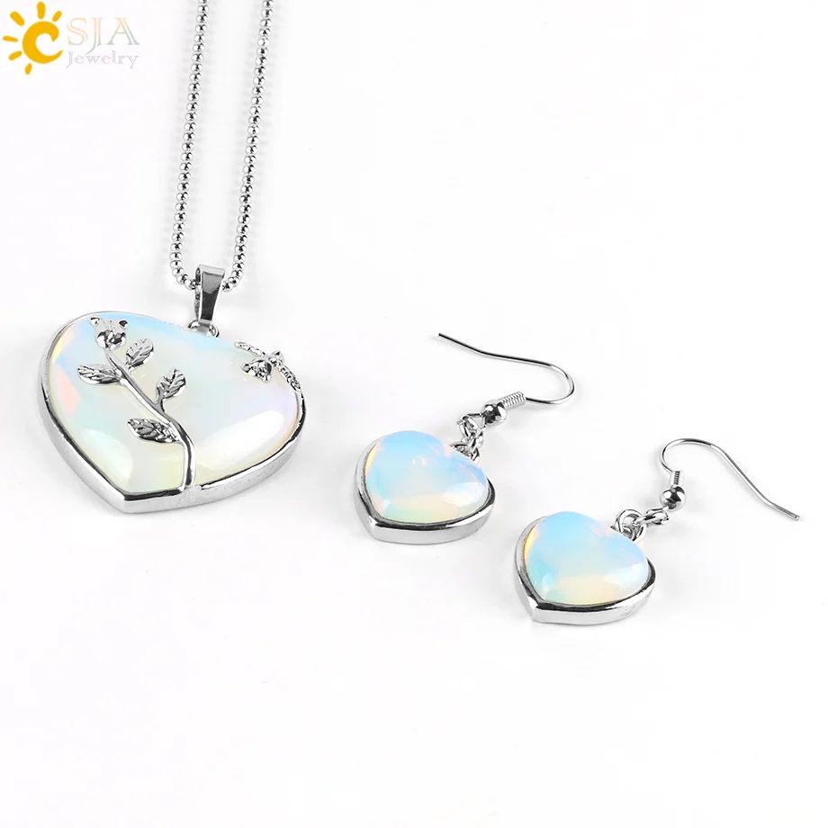 CSJA Girl Women Love Heart Jewelry Sets Reiki Natural Gem Stone Lapis Lazuli Necklace Drop Earring Set Leaf Pendant Wedding E425