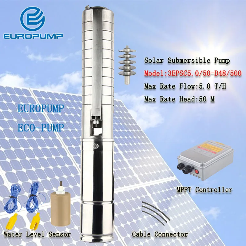 

Погружной бесщеточный Солнечный водяной насос с контроллером MPPT, макс. 5000LPH, 50 м, 3EPSC5.0/50-D48/500