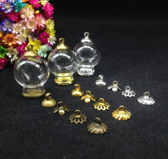 

50pcs 20*12mm empty glass globe classic tray with 8mm metal cap glass vial pendant hollow glass bottle dome diy pendant necklace