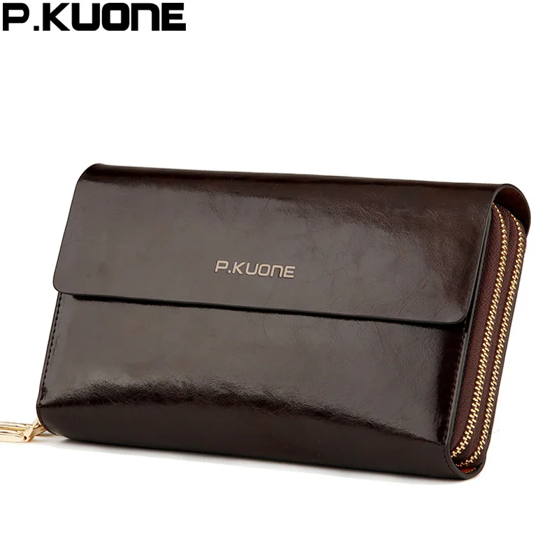 P.KUONE-cartera de mano de cuero de vaca para hombre, cartera larga de cuero genuino con cera de aceite brillante de lujo, monedero Masculino