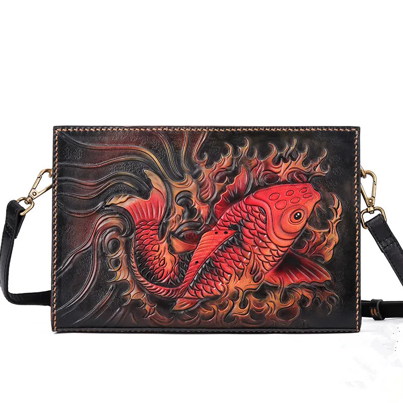 

Handmade Women Men Vegetable Tanned Leather Carvings Beautiful Fish Bag Money Holder Purse Pocket Clutches High-capacityEnvelope