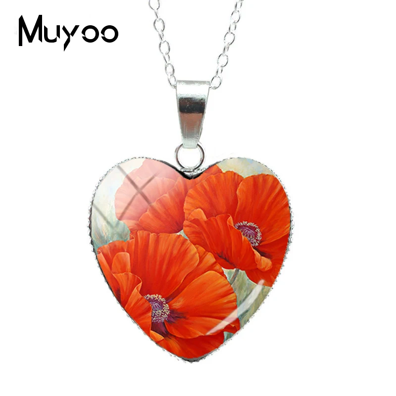 Vinatge Field of Poppies Flower Floral Pattern Heart Pendants Red Flowers Painting Jewelry Heart Necklace Gifts for WomenHZ3