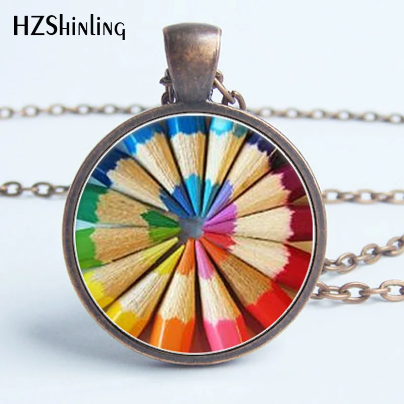 HZ--A356 New Coloring Pencils necklace Rainbow Colored Pencils Art Necklace Gift for Artist Cabochon Necklace Teacher Gift HZ1