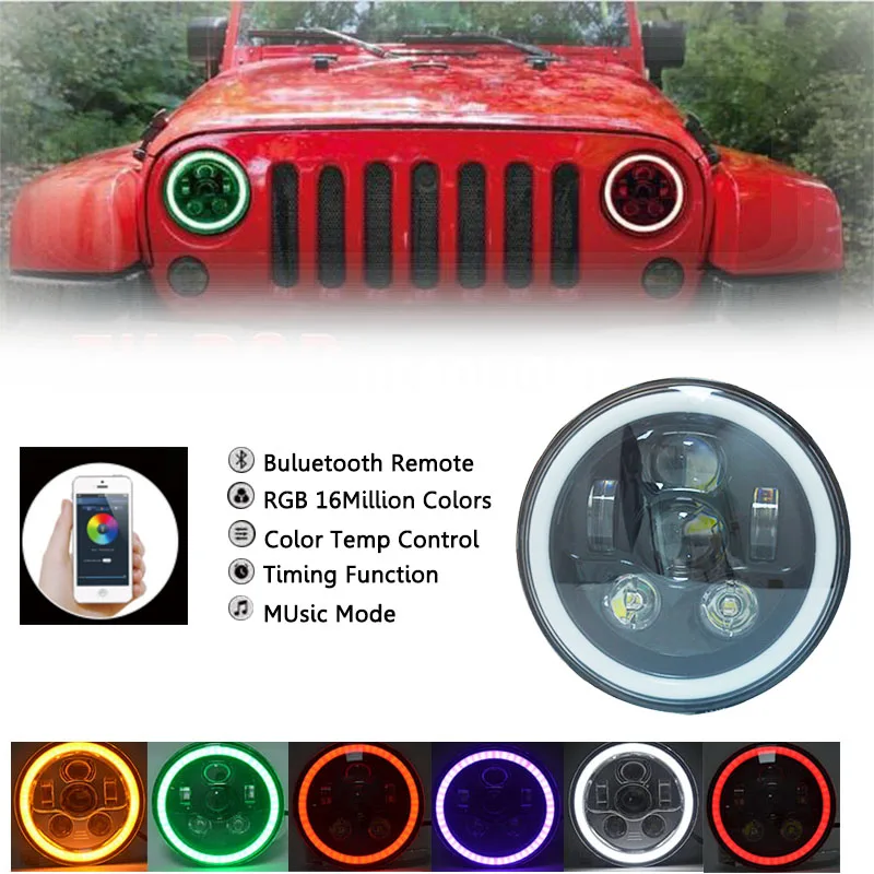 

7" Headlight Black Chrome High Low Beam Bluetooth Remote RGB Round 883 Led Lamp DRL Halo Angel Eye For Jeep Wrangler