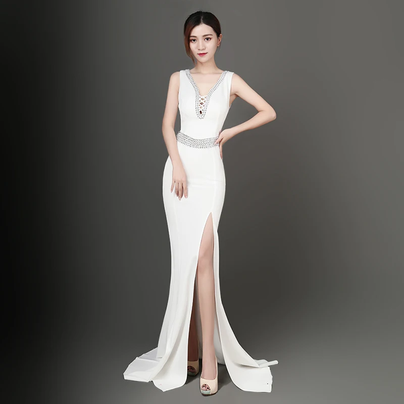 

Corzzet Elegant White Beading Cross Bandage V-Neck Sleeveless Long Mermaid Slim Sexy Side Split Backless Party Dress Vestidos