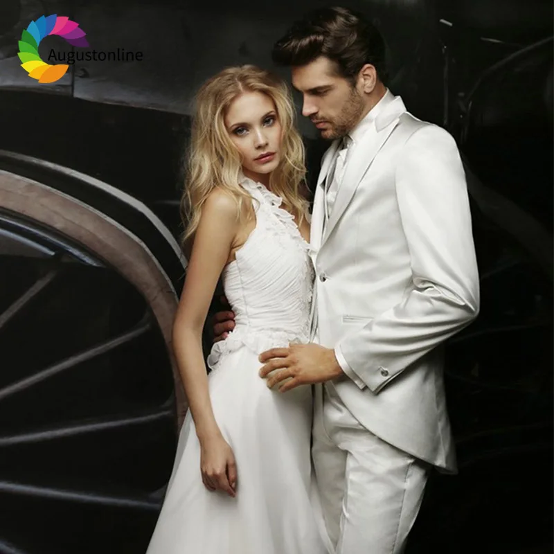 

White Satin Men Suits Wedding Suits Evening Party Prom Custom Slim Fit Groom Tailored Tuxedos Best Man Terno Masculino 3 Pieces