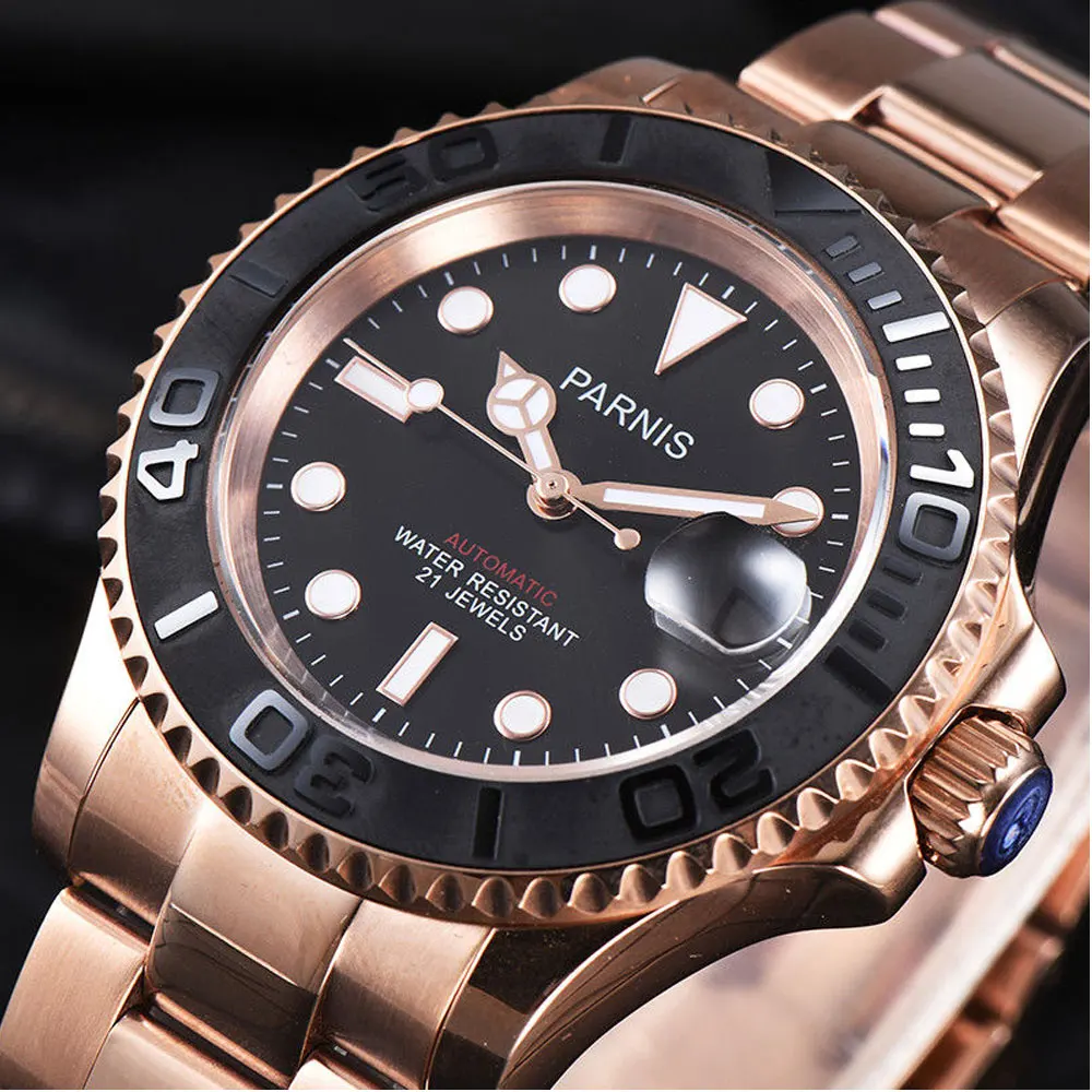 41mm Parnis Black dial Stainless Steel Sapphire glass Golden Deployment Clasp 21 jewels miyota Automatic movement Mens Watch