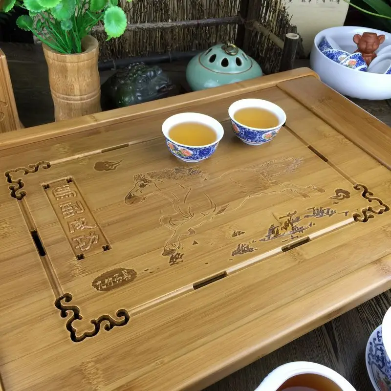 Imagem -02 - Bandeja de Chá de Bambu com Drenagem para Água Conjunto de Mesa de Chá Kung fu Gravata Guan Yin da China Copo de Chá Cimentônia Treools Bandeja de Servir Tamboo