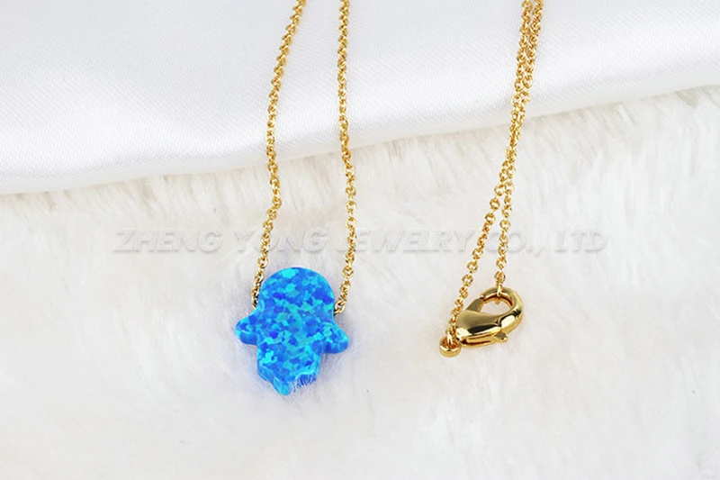 Gold Silver Plated Necklace 11x13mm Blue Hamsa Opal OP05