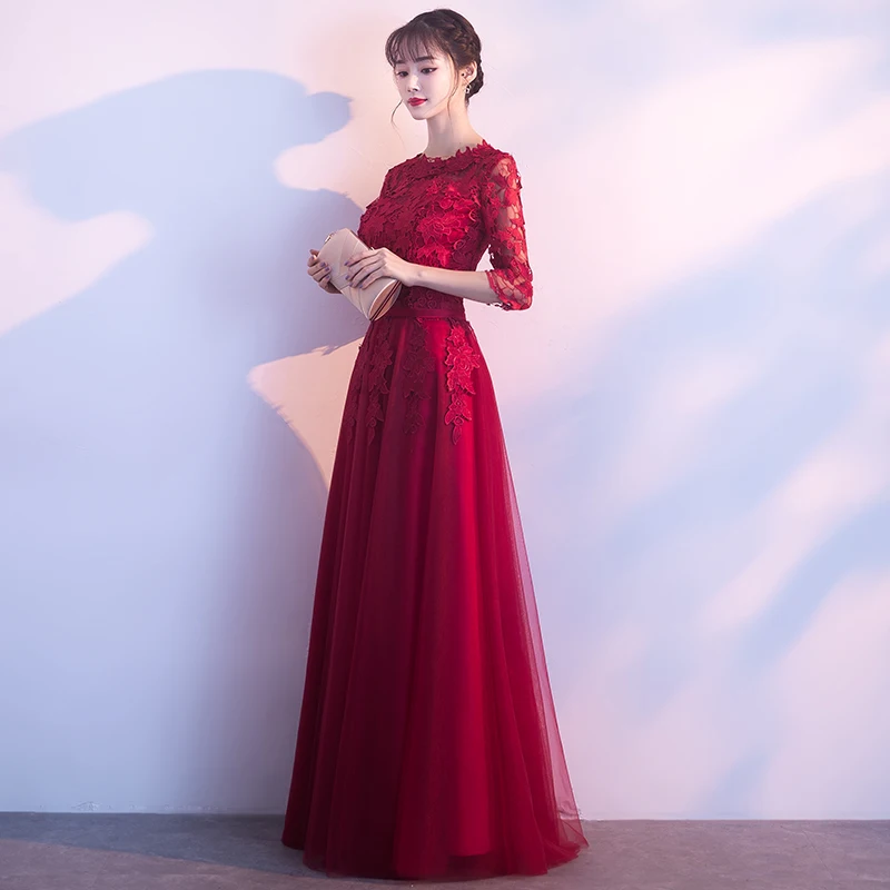 Robe de soiree Wein rot Halbe Hülse Elegante abendkleider Zurück Zipper Schlank A-linie vestido de festa Party Kleid Prom kleider