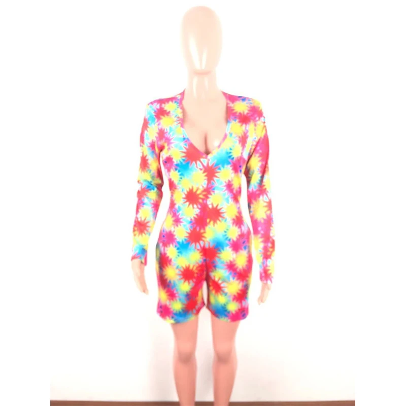 Tie Dye drukuj Sexy krótki Playsuit dla kobiet głębokie V Neck z długim rękawem spodenki Romper Night Club Party przebrania Casual bobasów