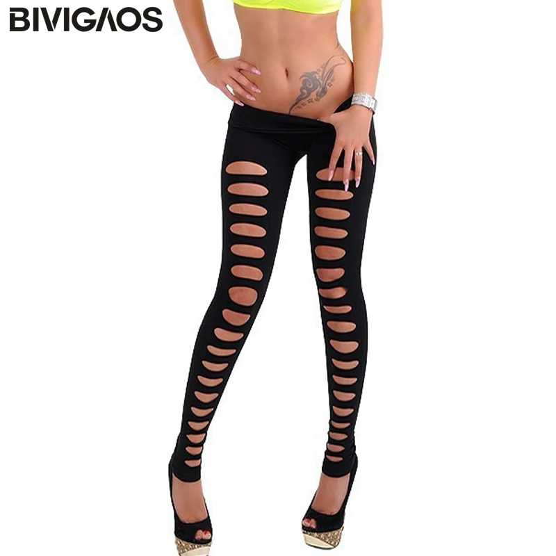 BIVIGAOS Fashion Hot Sale Womens Gothic Punk Candy Color Front Holes Sexy Low Waist Elastic Leggings Fitness Pants Pantalones