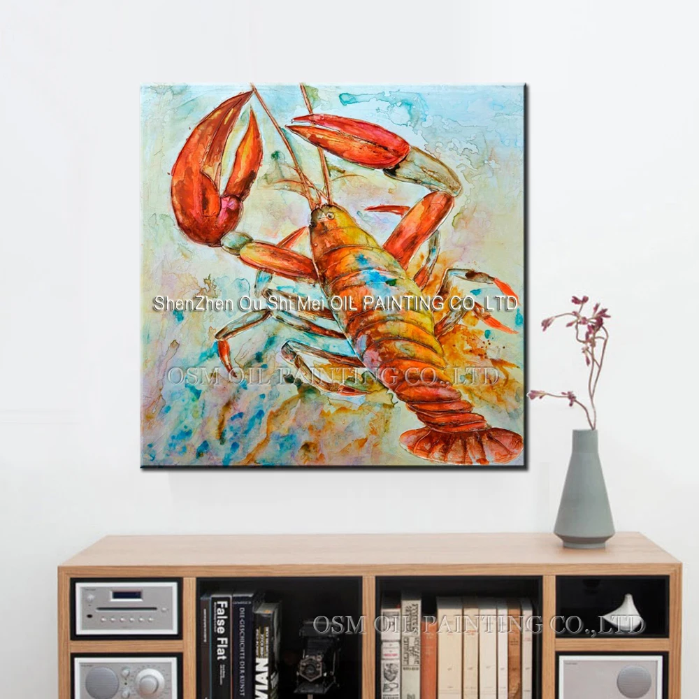 Lobster Water Colour Animal Wall Art Handmade Oil Painting on Canvas Big Size Seafood Shrimp Room or Kitchen Decoration