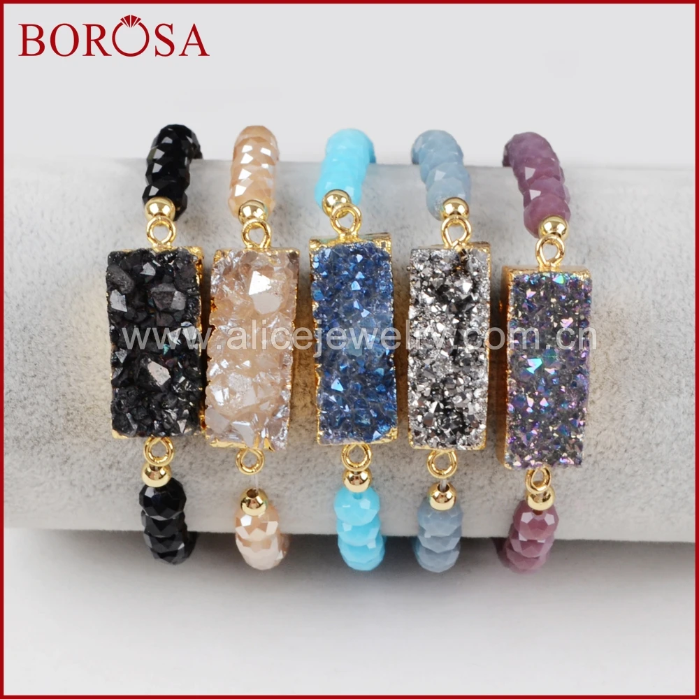 

BOROSA Rectangle Gold Color Natural Crystal Druzy Titanium Rainbow Druzy With Rainbow Faceted Beads Drusy Bracelet G1281