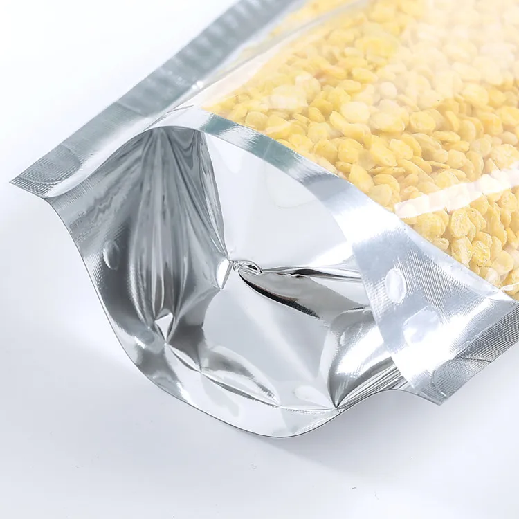 One Side Clear Silver Aluminum Foil Ziplock Packaging Bag Stand up Resealable Glossy Foil Plastic Heat Sealing Storage Pouches