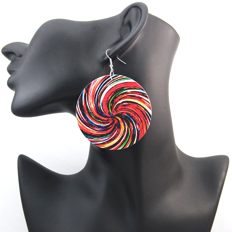 SOMESOOR Printing Lollipop Bohemian Wooden Drop Earrings 6cm Flat Round African Wood Pendant Ear Jewelry For Women Girl Gifts