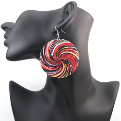 SOMESOOR Printing Lollipop Bohemian Wooden Drop Earrings 6cm Flat Round African Wood Pendant Ear Jewelry For Women Girl Gifts