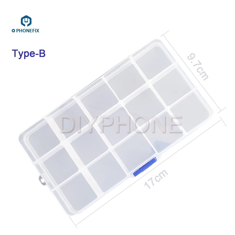 Caja de almacenamiento de plástico multifuncional, 15 compartimentos, reparación de teléfono, joyería, pendientes, tornillo, estuche organizador de exhibición, contenedor