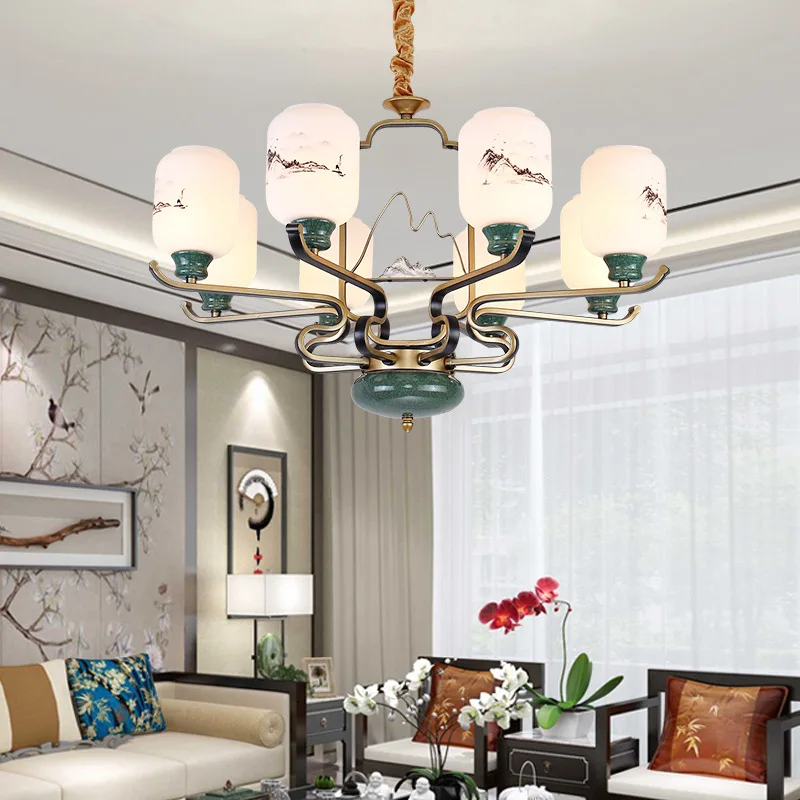 

Led restaurant chandelier new Chinese wrought iron glass bedroom chandelier living room wrought iron lamps