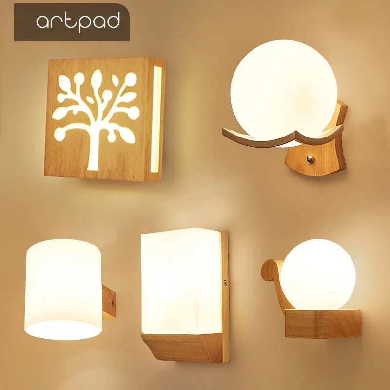 Artpad Scandinavian Nordic Wall Wood Light Glass Lampshade Corridor Balcony Bedside LED Side Wall Lamps Interior for Home Decor