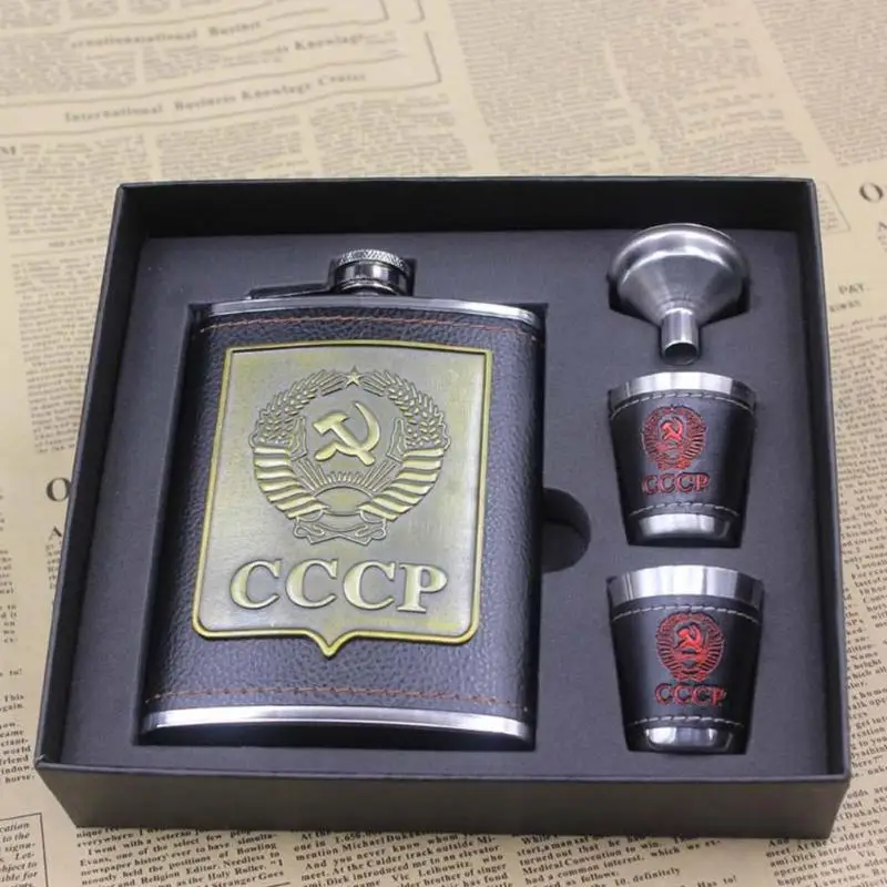 8oz حاوية ستانلس ستيل للكحوليات الورك قوارير ويسكي زجاجة نبيذ قمع أكواب زجاجة أطقم Cccp النقش الكحول الحاويات مع صندوق