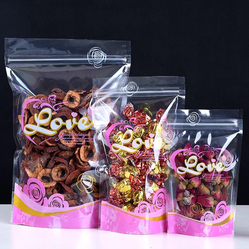 

1000Pcs Pink Transparent Plastic Bag Food Packaging Stand Up Doypack Pouch Resealable Dried Fruits Flower Tea