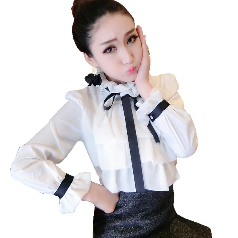 Harajuku New Spring Summer Blouse Women Long Sleeve Shirts Fashion Leisure Chiffon Shirt Bow Office Ladies Stand White Tops