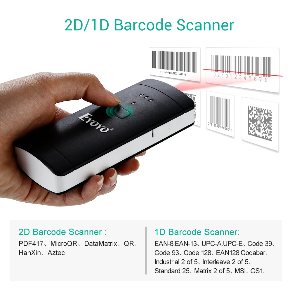 Imagem -02 - Barcode Scanner sem Fio Bluetooth Leitor de Código qr Mini Scanner de Bolso 2d Pdf417 Datamatrix Ey002s Android Ios Eyoyo2d