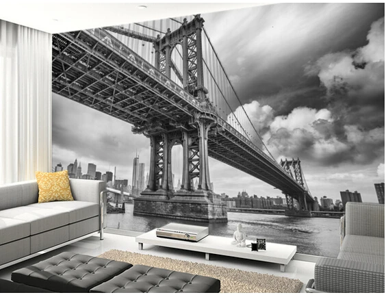 Custom black and white photo wallpaper,New York Bridge, large 3d mural for sofa kitchen Cafe tv background  vinyl wallpaper