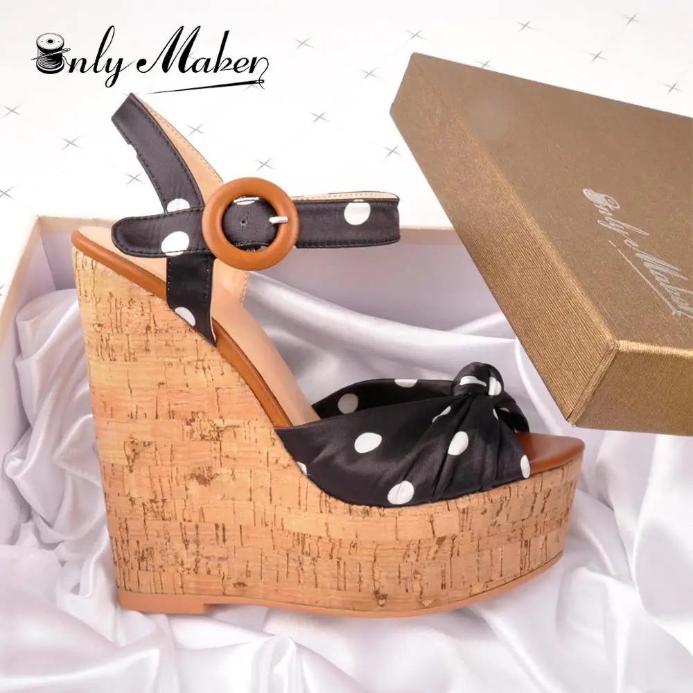 Onlymaker Women Wedge Platform Wood Heel Sandals Polka Dot Ankle Strap Open Toe Sandals For Casual Party High Quality Shoes 37